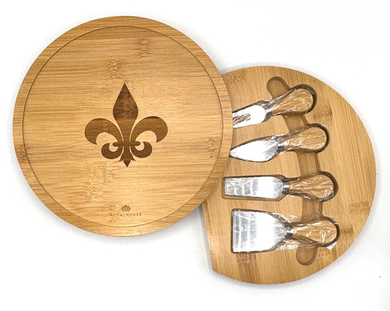 Fleur De Lis Charcuterie Cheese Board and Knives Set with Slide-Out Cutlery Drawer